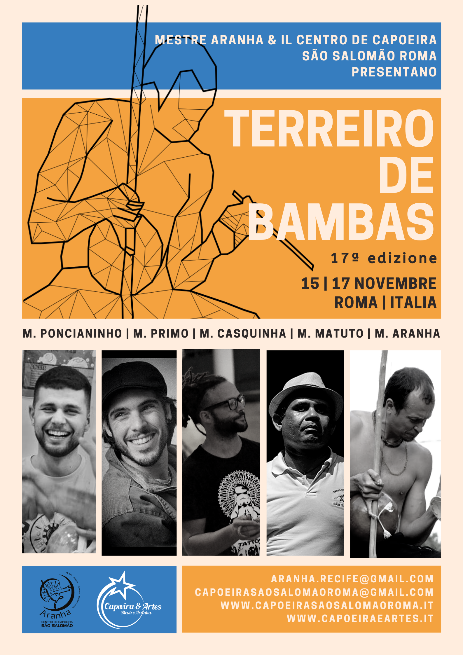 poster del Terreiro de Bambas: evento di capoeira a Roma - Mestre Aranha, Matuto, Poncianinho, Casquinha, Primo